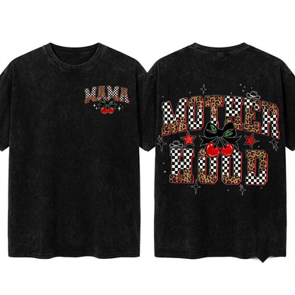 Checkered Leopard Mother Hood Cherry Coquette Mama Design Retro Trendy Edgy Mom Quote Mothers Day PNG Unisex Wash T-Shirt