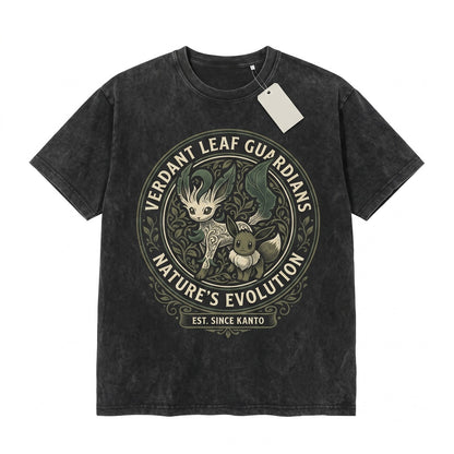 Vintage Wash Leaf Fox Anime Graphic Oversized Mineral Garment Dyed Nature Spirit Unisex TShirt