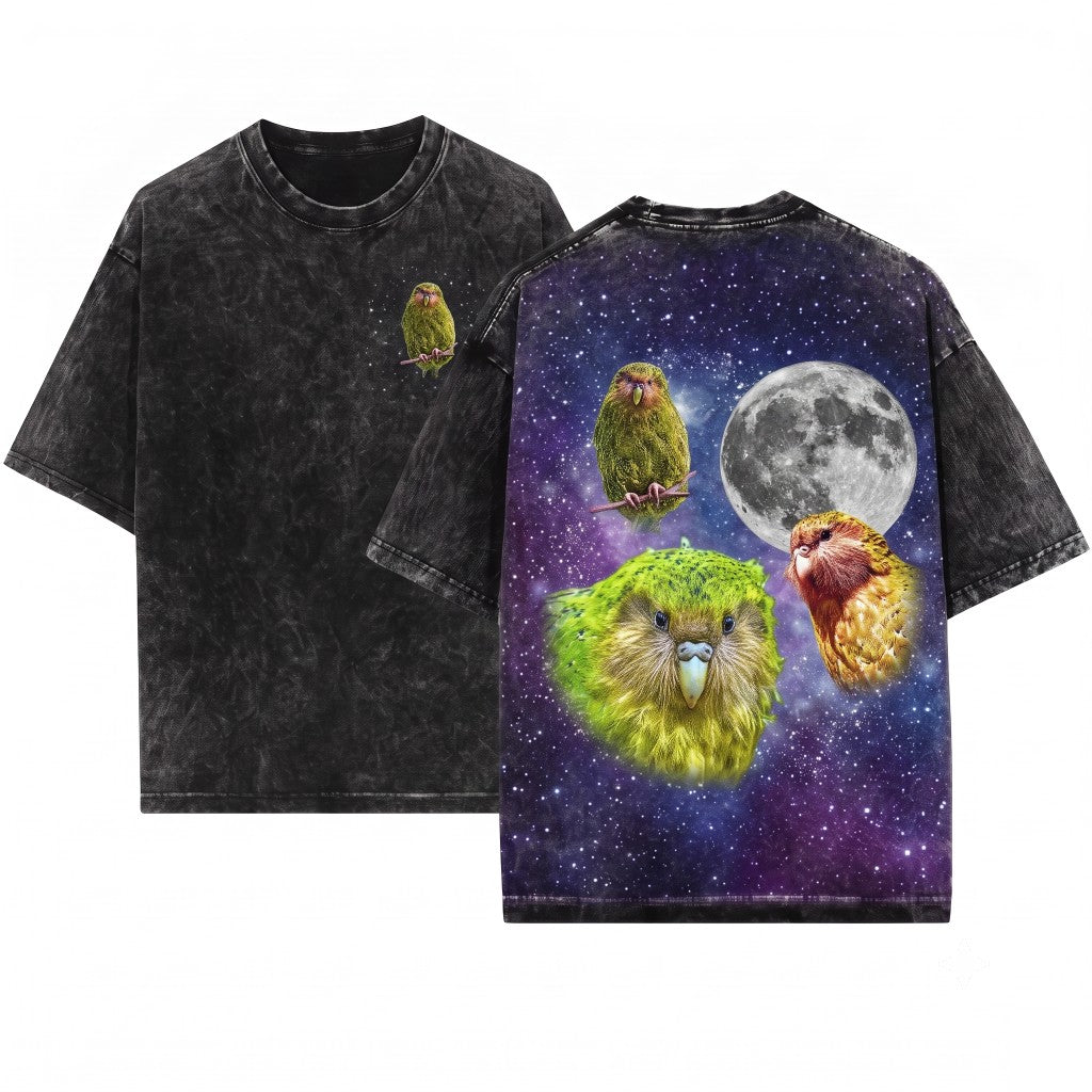 Three Kakapo Moon Retro Vintage Graphic Parrot Funny Oversized Silly Gift Unisex Wash T-Shirt