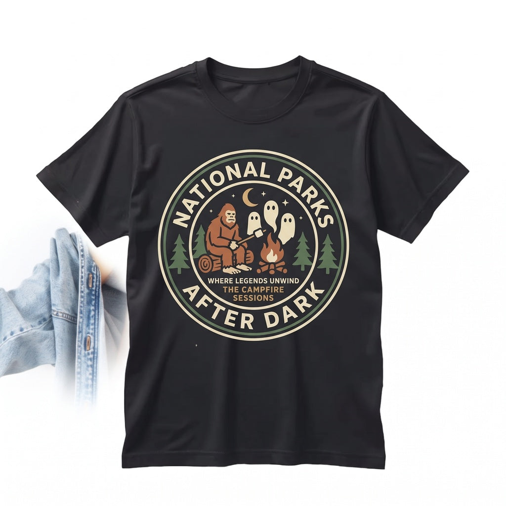 Cryptid Camping National Parks After Dark Bigfoot Mothman Ghost Alien Graphic Unisex TShirt