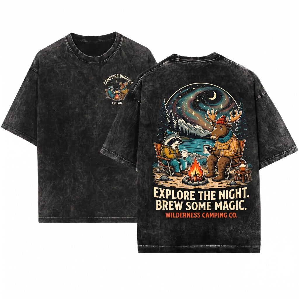 Vintage Wildlife Moose Raccoon Campfire Outdoor Cozy Nature Adventure Graphic Gift Unisex Wash T-Shirt