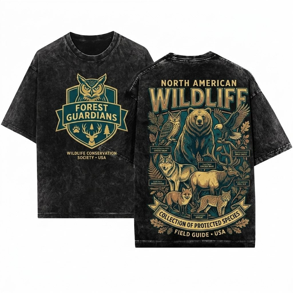 Forest Animals Vintage Retro Crewneck Cute Outdoor Cozy Warm Gift Nature Lover Bear Hedgehog Unisex Wash T-Shirt