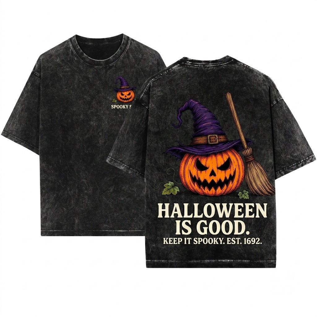 Scary Vintage Jack OLantern Witch Broom Halloween Spooky Season Unisex Wash T-Shirt