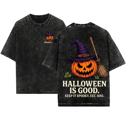 Scary Vintage Jack OLantern Witch Broom Halloween Spooky Season Unisex Wash T-Shirt