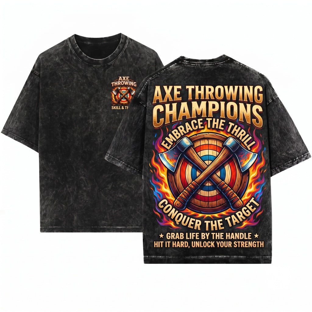 Ax Throwing Graphic Crossed Target Flames Sports Casual Gift Enthusiasts Unisex Wash T-Shirt
