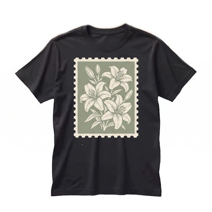 Vintage Botanical Lily Floral Graphic Stamp Postal Illustration Unisex TShirt