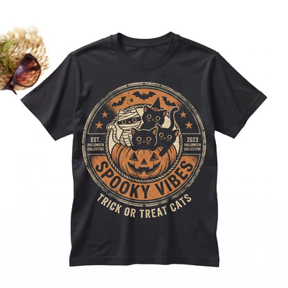 Spooky Vibes Halloween Pumpkin Jack-o-Lantern Black Cat Fall Crewneck Sweater Pullover Unisex TShirt