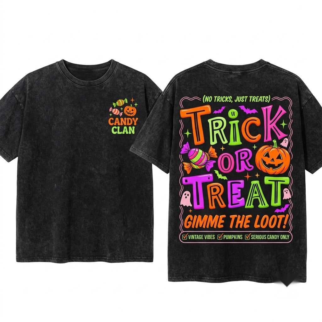 Retro Preppy Spooky Season Pumpkin Trick or Treat Halloween Unisex Wash T-Shirt