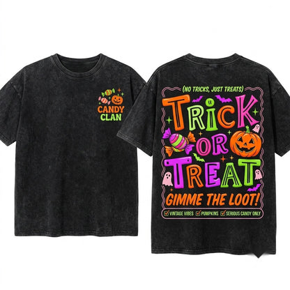 Retro Preppy Spooky Season Pumpkin Trick or Treat Halloween Unisex Wash T-Shirt