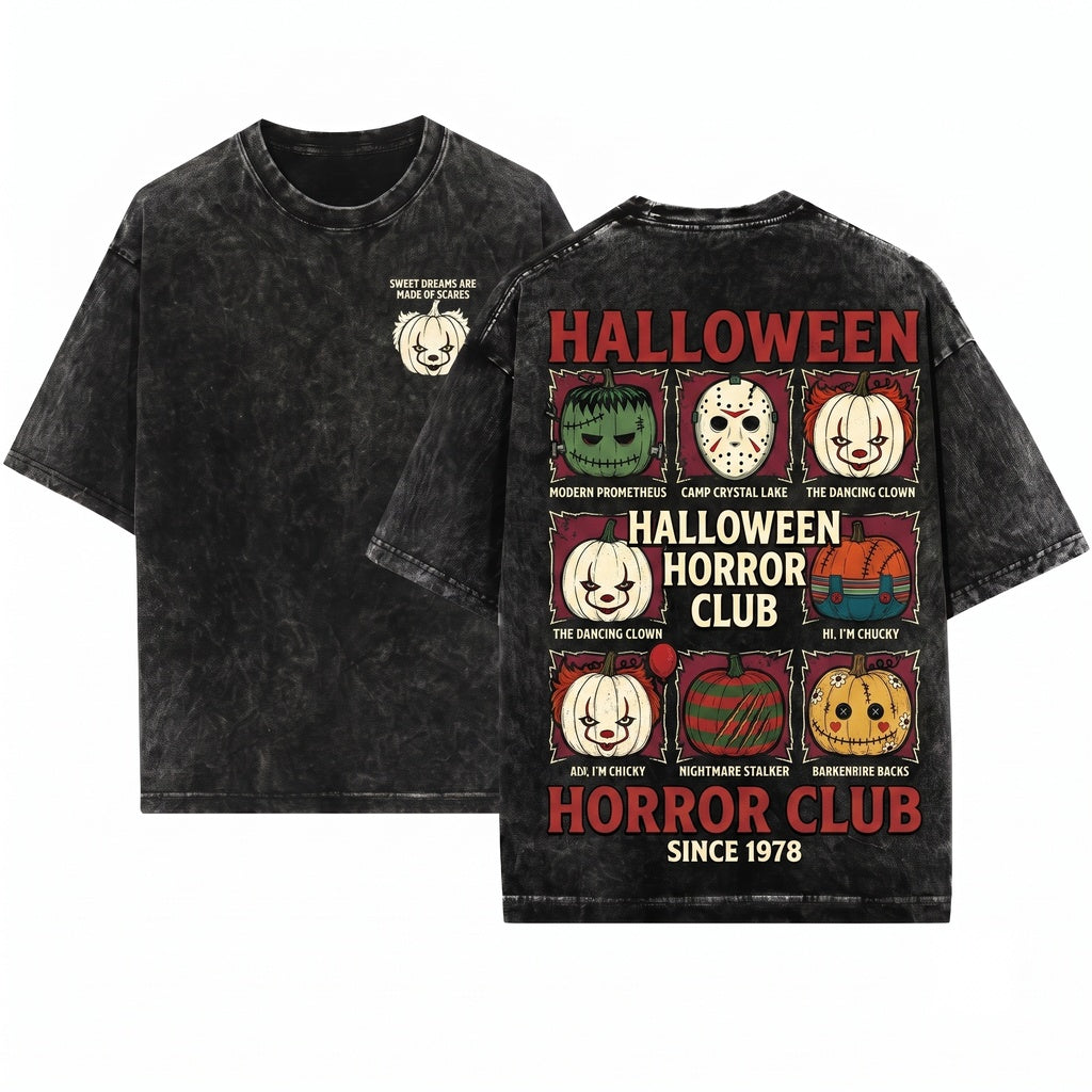 Vintage Spooky Horror Pumpkin Cute Scary Halloween Fall Graphic Retro Movie Fan Crewneck Unisex Wash T-Shirt