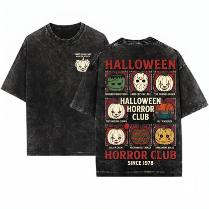 Vintage Spooky Horror Pumpkin Cute Scary Halloween Fall Graphic Retro Movie Fan Crewneck Unisex Wash T-Shirt