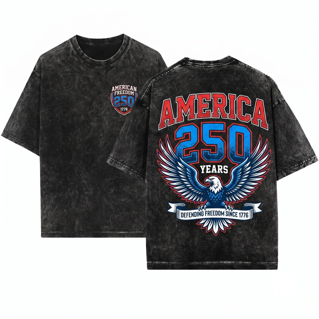 America 1776 USA 250th Year Freedom Patriotic Front Back Graphic Unisex Wash T-Shirt