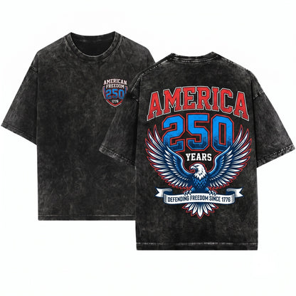 America 1776 USA 250th Year Freedom Patriotic Front Back Graphic Unisex Wash T-Shirt