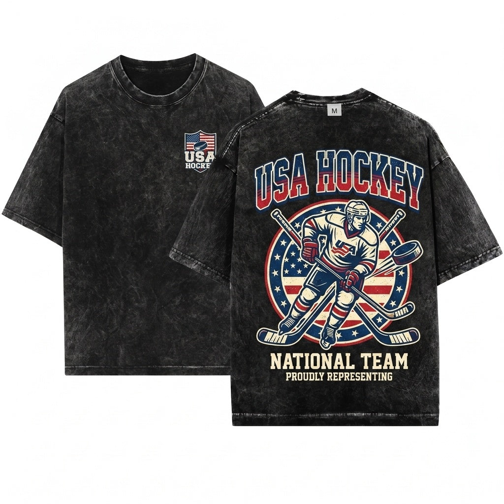 Vintage USA Patriotic America Hockey Sports Unisex Wash T-Shirt