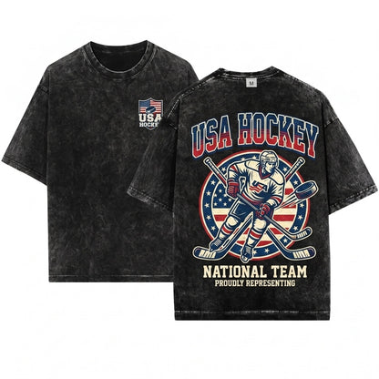 Vintage USA Patriotic America Hockey Sports Unisex Wash T-Shirt