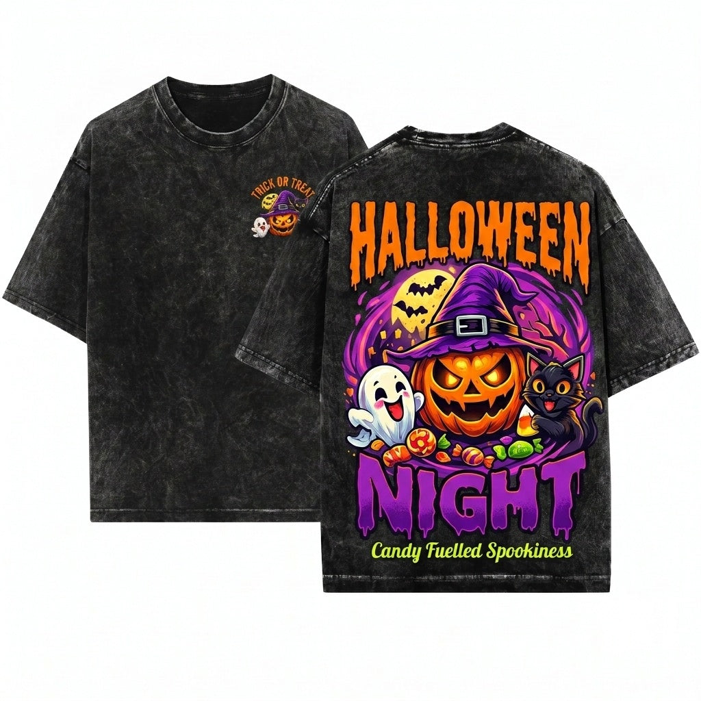 Trick or Treat Halloween Pumpkin Ghost Graphic Spooky Season Unisex Wash T-Shirt