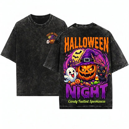 Trick or Treat Halloween Pumpkin Ghost Graphic Spooky Season Unisex Wash T-Shirt