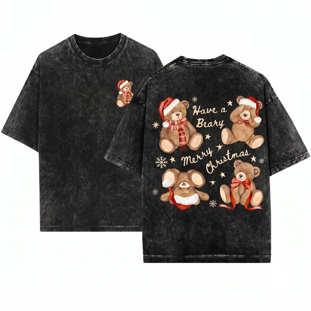 Preppy Christmas Teddy Bear Graphic Women Long Sleeve Unisex Wash T-Shirt