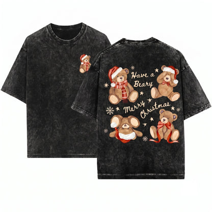 Preppy Christmas Teddy Bear Graphic Women Long Sleeve Unisex Wash T-Shirt