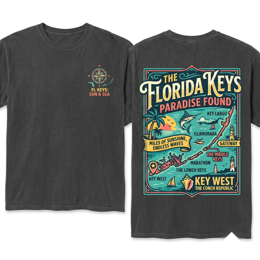 Florida Keys Map West Islands Tropical Coastal Ocean Beach Tourist Vacation Souvenir Graphic Unisex Wash T-Shirt