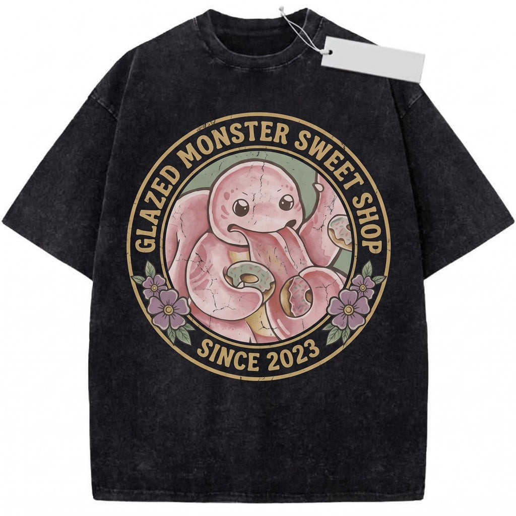 Vintage Mineral Wash Anime Graphic Garment Dyed Kawaii Pink Tongue Monster Fans Gift Unisex TShirt