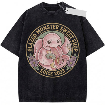 Vintage Mineral Wash Anime Graphic Garment Dyed Kawaii Pink Tongue Monster Fans Gift Unisex TShirt