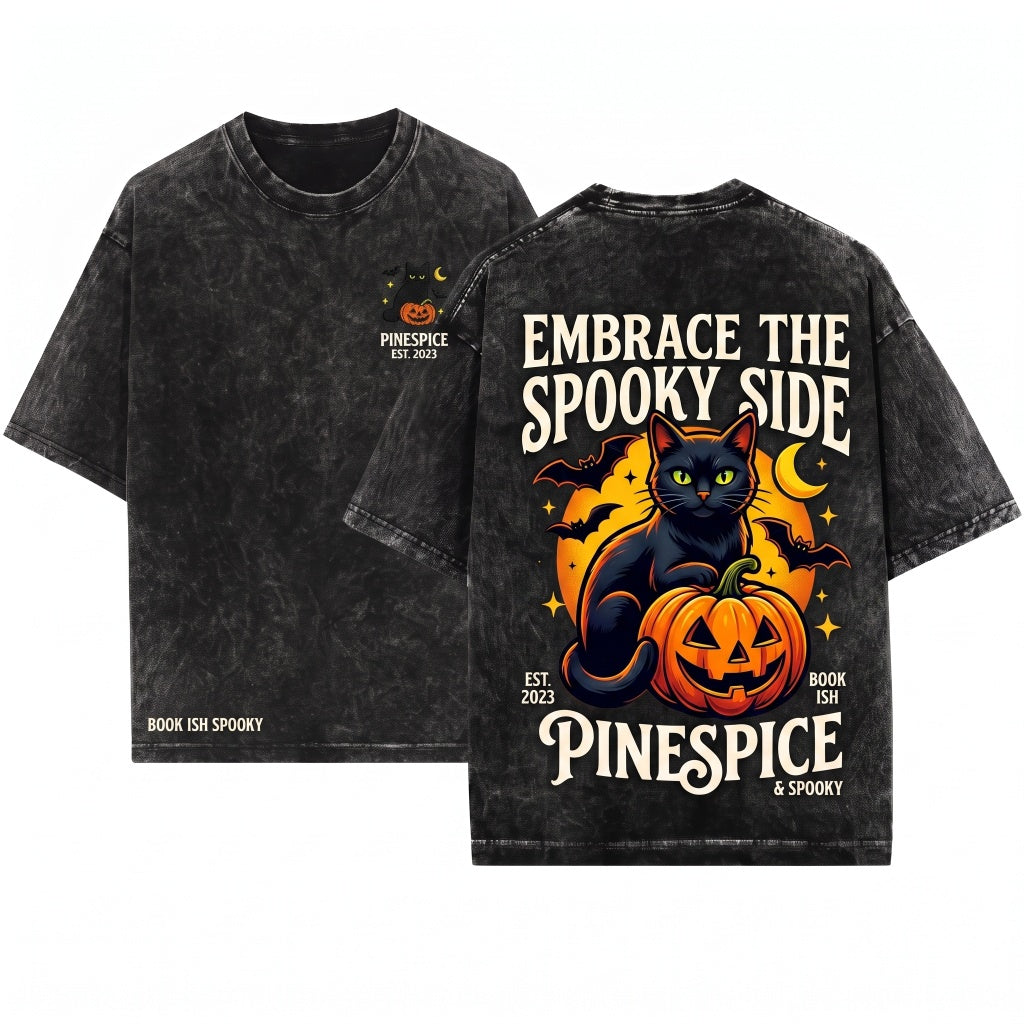 Black Cat Pumpkin Cute Spooky Embroidered 1717 Unisex Wash T-Shirt