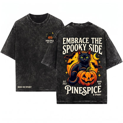 Black Cat Pumpkin Cute Spooky Embroidered 1717 Unisex Wash T-Shirt