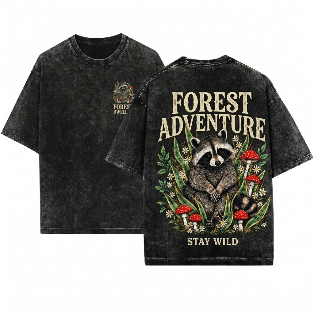 Old School Raccoon Mushroom Graphic Woodland Wildlife Whimsical Forest Nature Animal Lover Gift Unisex Wash T-Shirt