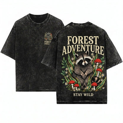 Old School Raccoon Mushroom Graphic Woodland Wildlife Whimsical Forest Nature Animal Lover Gift Unisex Wash T-Shirt