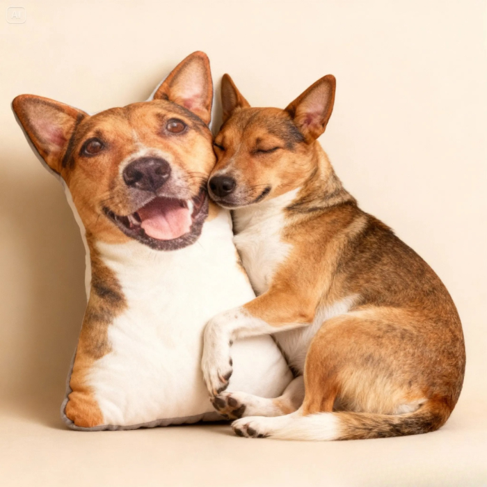 Two dogs sitting together with a pillow shaped like one of them on a beige background