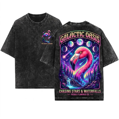 Vintage Full Moon Tropical Flamingo Graphic Retro Bird Lover 90s Animal Unisex Wash T-Shirt