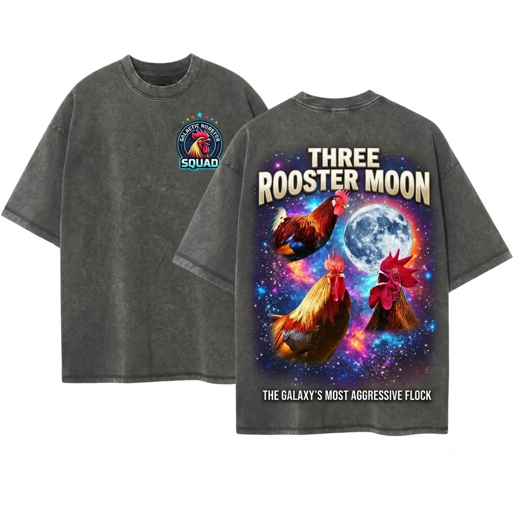 Three Rooster Retro Graphic Vintage Moon Oversized Funny Unisex Wash T-Shirt