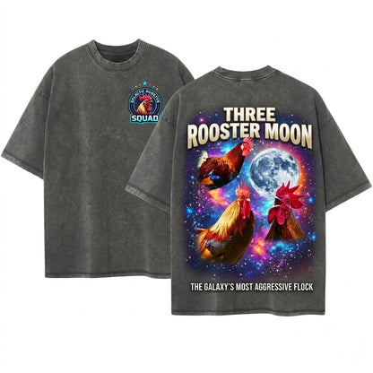 Three Rooster Retro Graphic Vintage Moon Oversized Funny Unisex Wash T-Shirt