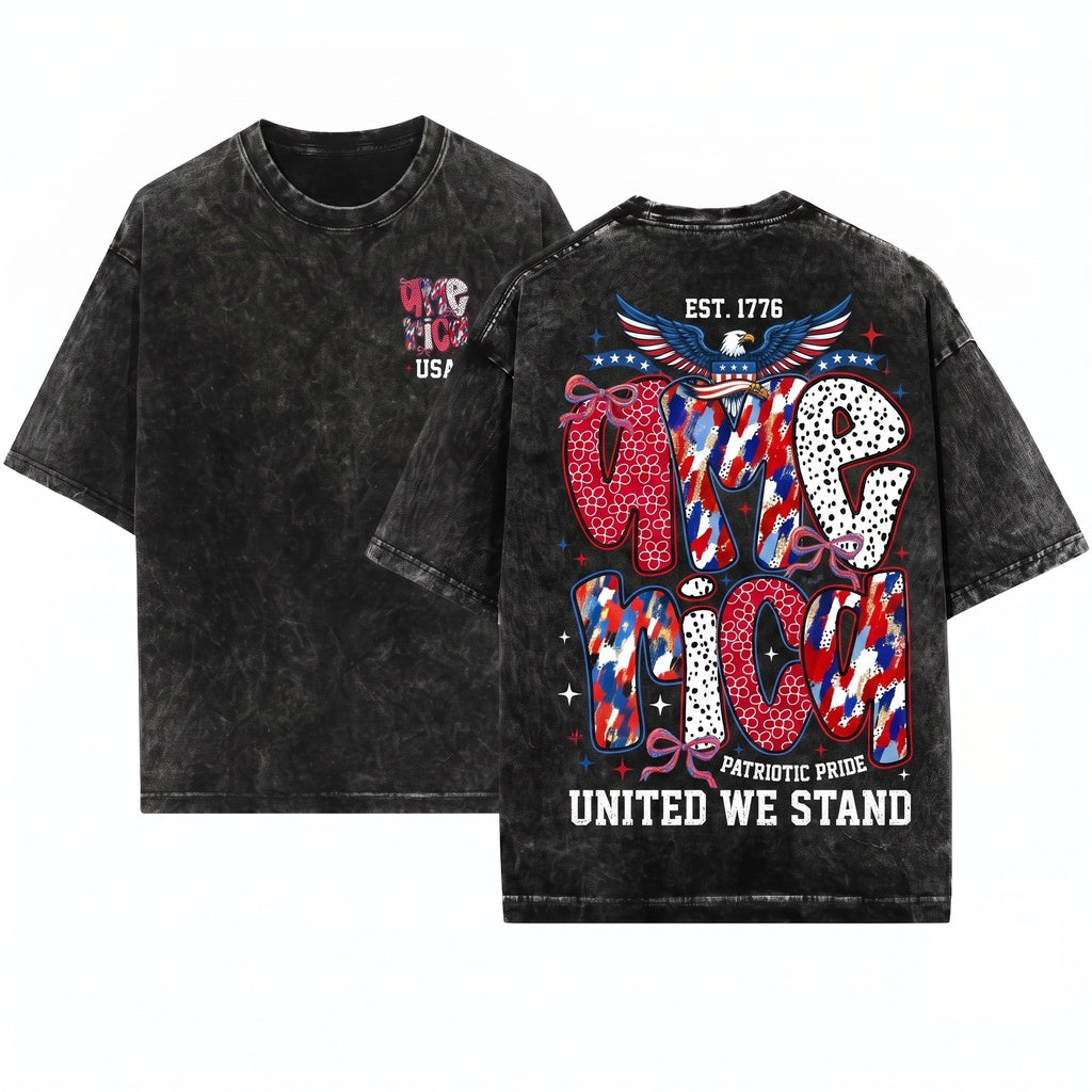 Patriotic USA Red White Blue Ribbon Bow Patterned Unisex Wash T-Shirt