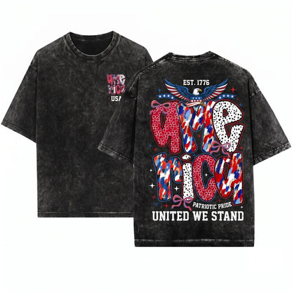 Patriotic USA Red White Blue Ribbon Bow Patterned Unisex Wash T-Shirt