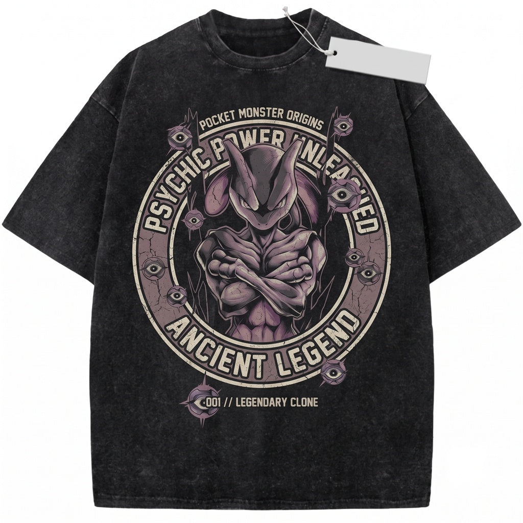 Psychic Clone Mewtwo Vintage Acid Wash Anime Graphic Oversized Retro Gamer Gift Unisex TShirt
