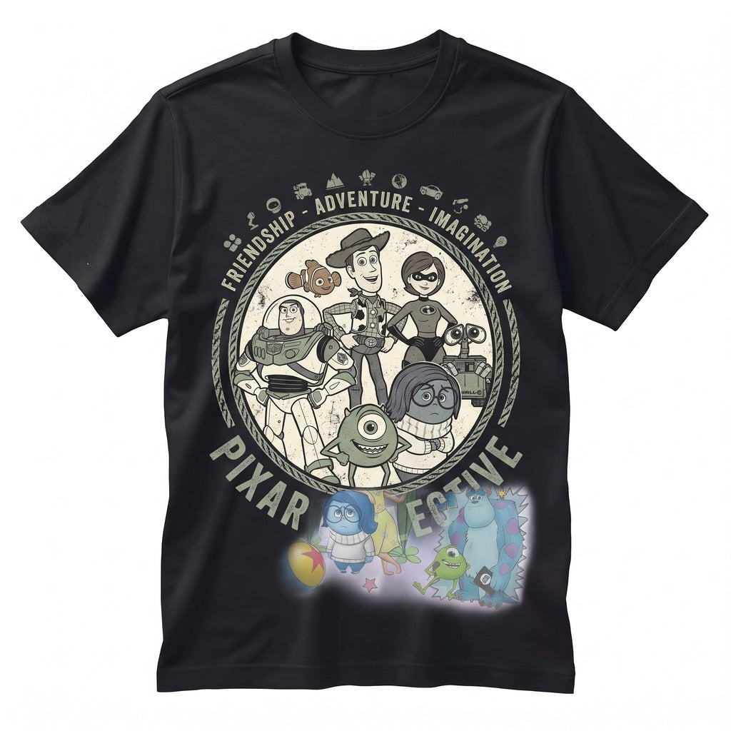 Retro Magical Colorful Cartoon Characters Doodle Pier Theme Park Family Vacation Squad Unisex TShirt