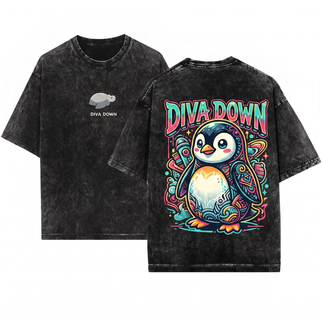 Diva Down Funny Penguin Embroidered Chaotic Cute Animal Meme Gift Unisex Wash T-Shirt