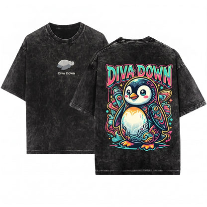 Diva Down Funny Penguin Embroidered Chaotic Cute Animal Meme Gift Unisex Wash T-Shirt