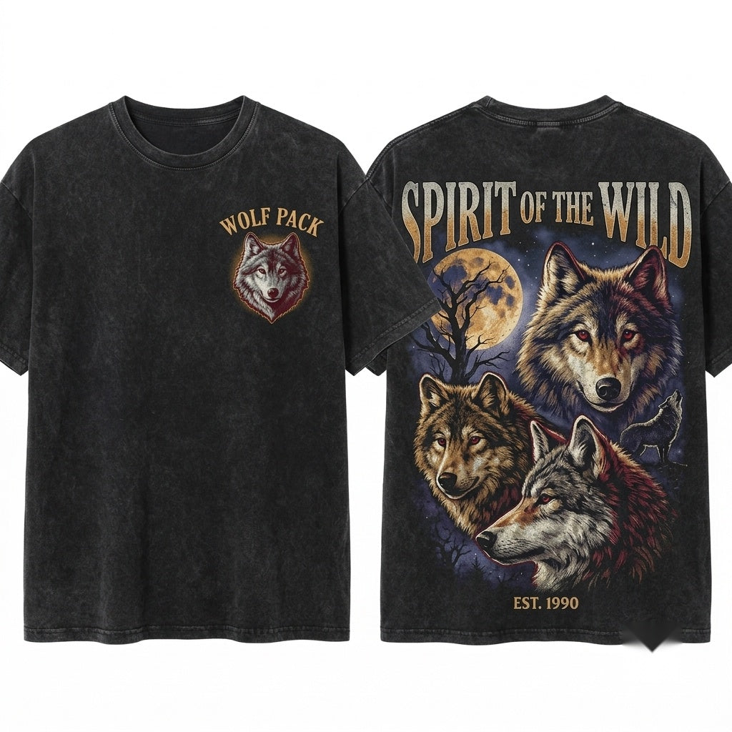 Wolf Vintage 90s Graphic Style Grunge Retro Faded Wild Nature Howling Moon Y2k Gothic 2000s Gift Unisex Wash T-Shirt