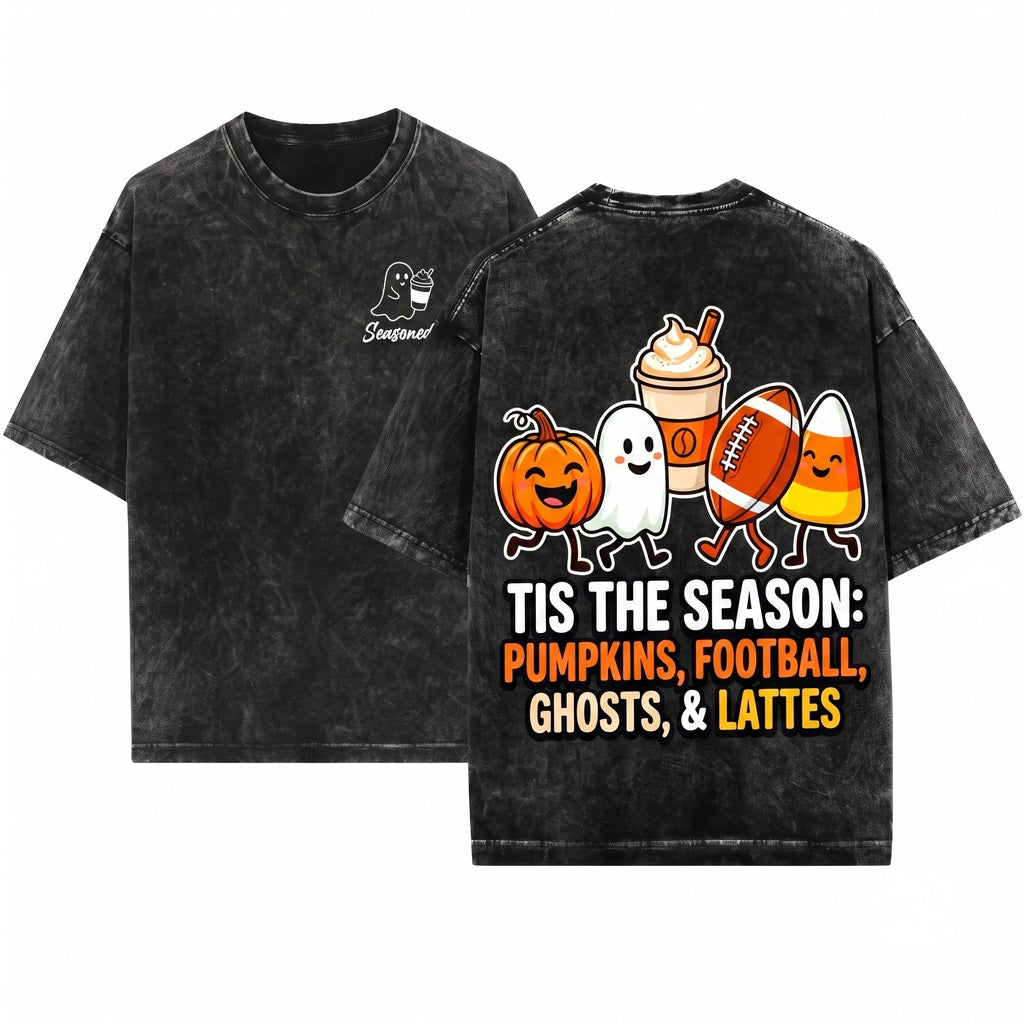 Cute Halloween Pumpkin Ghost Football Coffee Candy Corn Tis The Season Fall Doodles Cozy Autumn Unisex Wash T-Shirt