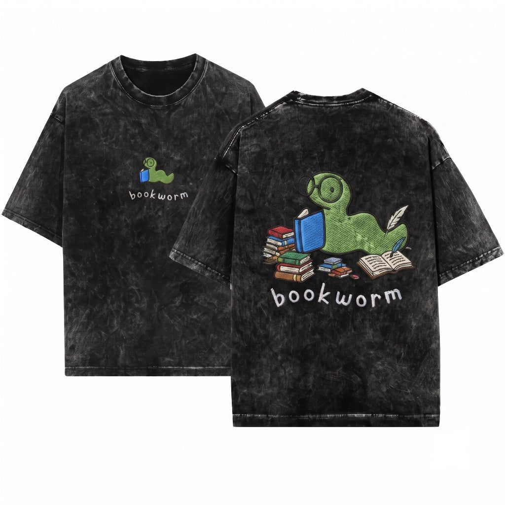 Cute Embroidered Bookworm Reader Gift Unisex Wash T-Shirt