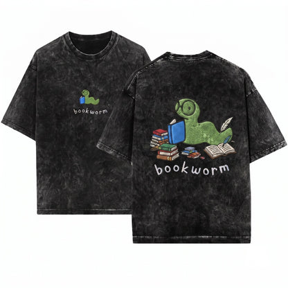 Cute Embroidered Bookworm Reader Gift Unisex Wash T-Shirt
