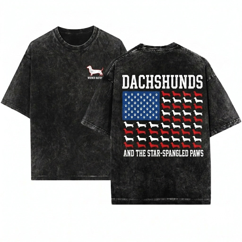 Distressed Patriotic Dachshund Wiener Dog American Flag USA 4th Of July Doxie Sausage Funny Gift Unisex Wash T-Shirt