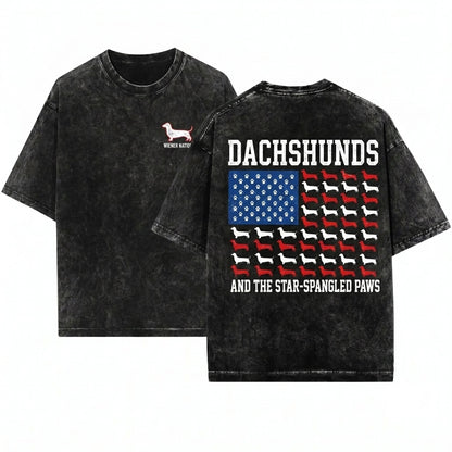 Distressed Patriotic Dachshund Wiener Dog American Flag USA 4th Of July Doxie Sausage Funny Gift Unisex Wash T-Shirt