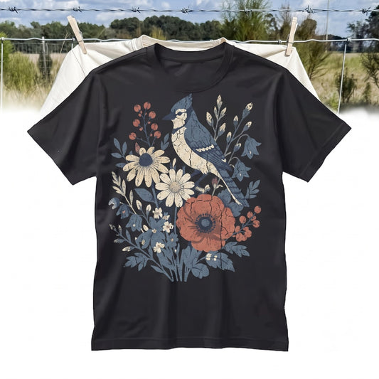 Vintage Blue Jay Wildflower Graphic Botanical Garden Floral Cottagecore Nature Lover Gift Unisex TShirt