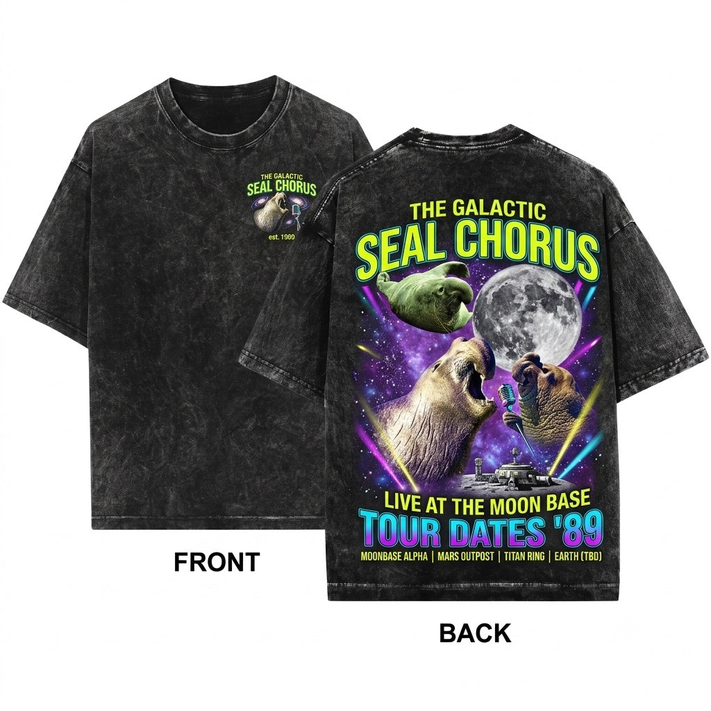 Three Elephant Seal Retro Moon Celestial Ocean Graphic Marine Life Gift Unisex Wash T-Shirt
