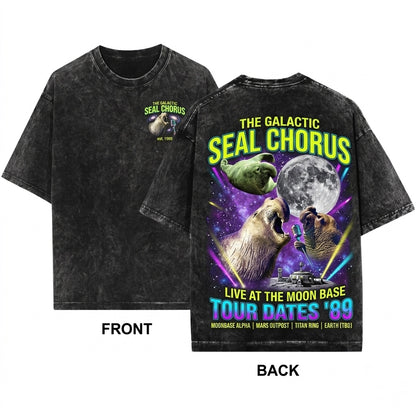 Three Elephant Seal Retro Moon Celestial Ocean Graphic Marine Life Gift Unisex Wash T-Shirt