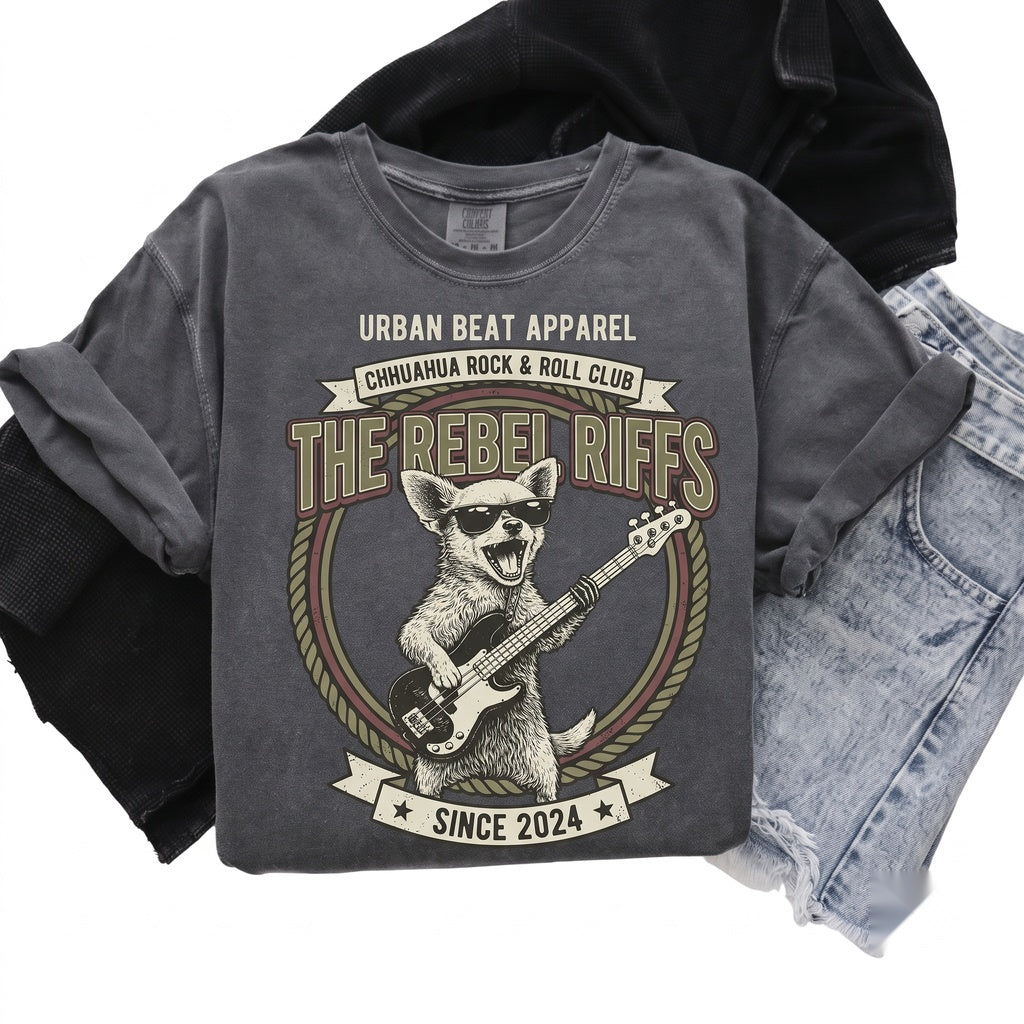 Funny Chihuahua Playing Vintage Rock Guitar Musician Gift for Music Lover Dog Mom Dad Apparel Unisex TShirt